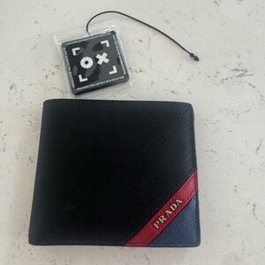 Prada Black Leather Bi-Fold Wallet with Red Diagonal Accent with COA